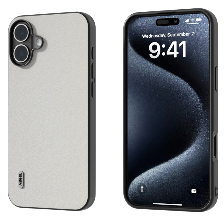 For iPhone 16 Plus ABEEL Black Frame Genuine Leather Elegant Phone Case(White) - iPhone 16 Plus Cases by PMC TechLife | Online Shopping South Africa | PMC TechLife | Buy Now Pay Later Mobicred