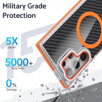 For Samsung Galaxy S24 Ultra 5G Magsafe Dual-Color Carbon Fiber Lens Film Phone Case with Lens Fold Holder(Orange) - Galaxy S24 Ultra 5G Cases by PMC Jewellery | Online Shopping South Africa | PMC Jewellery | Buy Now Pay Later Mobicred