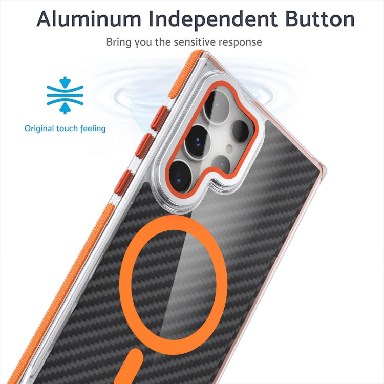 For Samsung Galaxy S24 Ultra 5G Magsafe Dual-Color Carbon Fiber Lens Film Phone Case with Lens Fold Holder(Orange) - Galaxy S24 Ultra 5G Cases by PMC Jewellery | Online Shopping South Africa | PMC Jewellery | Buy Now Pay Later Mobicred