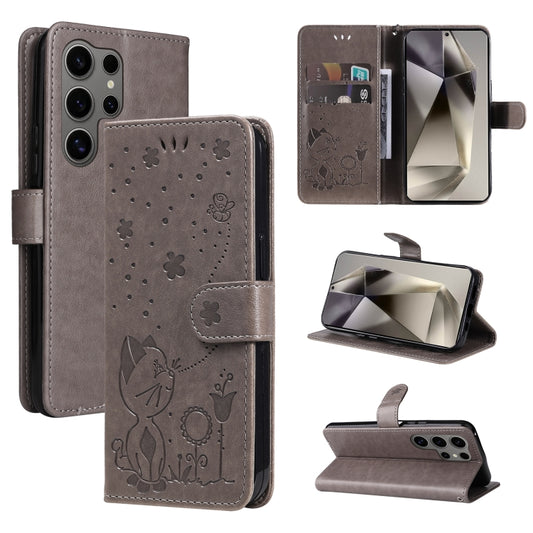 For Samsung Galaxy S25 Ultra 5G Cat and Bee Embossed Flip Leather Phone Case(Grey) - Galaxy S25 Ultra 5G Cases by PMC Jewellery | Online Shopping South Africa | PMC Jewellery | Buy Now Pay Later Mobicred