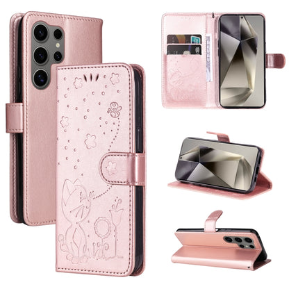 For Samsung Galaxy S25 Ultra 5G Cat and Bee Embossed Flip Leather Phone Case(Rose Gold) - Galaxy S25 Ultra 5G Cases by PMC Jewellery | Online Shopping South Africa | PMC Jewellery | Buy Now Pay Later Mobicred