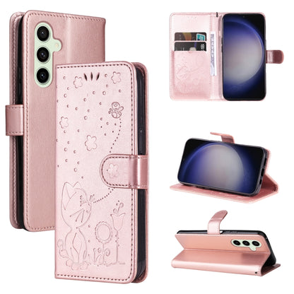 For Samsung Galaxy S25 / S24 5G Cat and Bee Embossed Flip Leather Phone Case(Rose Gold) - Galaxy S25 5G Cases by PMC Jewellery | Online Shopping South Africa | PMC Jewellery | Buy Now Pay Later Mobicred