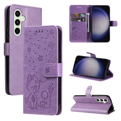 For Samsung Galaxy S25+ / S24+ 5G Cat and Bee Embossed Flip Leather Phone Case(Purple) - Galaxy S25+ 5G Cases by PMC Jewellery | Online Shopping South Africa | PMC Jewellery | Buy Now Pay Later Mobicred