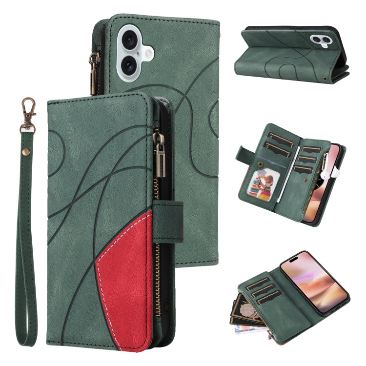 For iPhone 16 Plus Dual-color 9 Card Slots Zipper Wallet Leather Phone Case(Green) - free shipping - PMC TechLife - Order now!