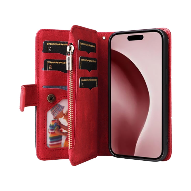 For iPhone 16 Pro Dual-color 9 Card Slots Zipper Wallet Leather Phone Case(Red) - iPhone 16 Pro Cases by PMC Jewellery | Online Shopping South Africa | PMC Jewellery | Buy Now Pay Later Mobicred