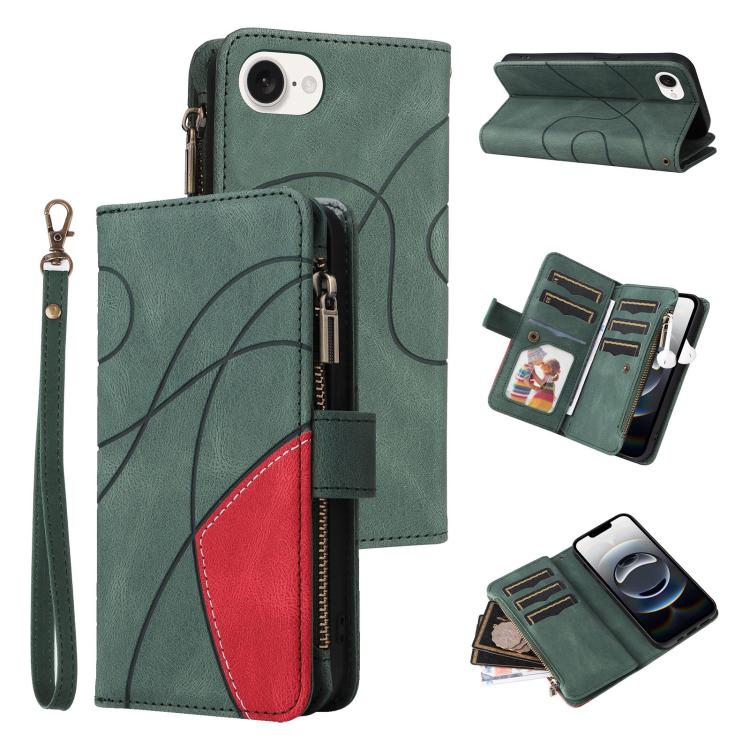 For iPhone 16e Dual-color 9 Card Slots Zipper Wallet Leather Phone Case(Green) - iPhone 16e Cases by PMC TechLife | Online Shopping South Africa | PMC TechLife | Buy Now Pay Later Mobicred