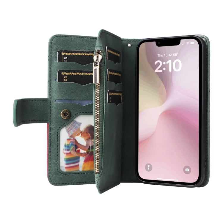 For iPhone 16e Dual-color 9 Card Slots Zipper Wallet Leather Phone Case(Green) - iPhone 16e Cases by PMC TechLife | Online Shopping South Africa | PMC TechLife | Buy Now Pay Later Mobicred