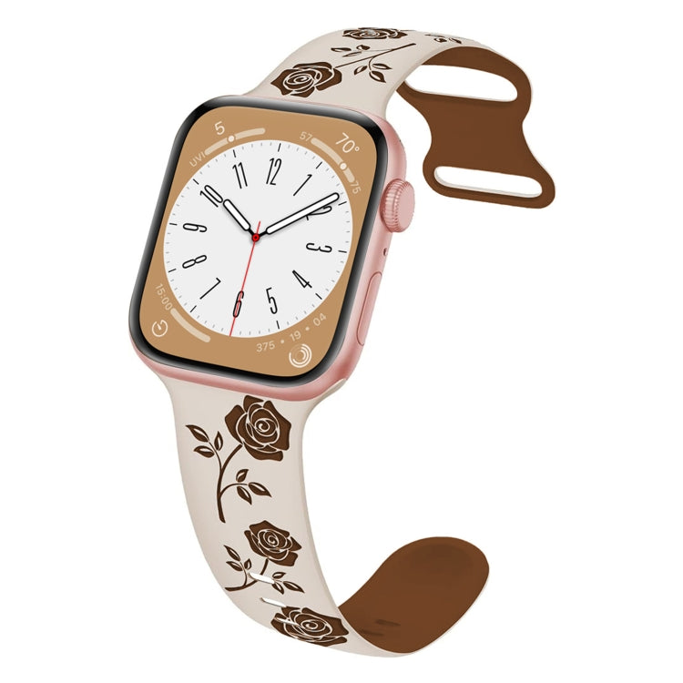 For Apple Watch SE 44mm Two-color Rose Engraved Silicone Watch Band(Starlight Caramel) - free shipping - PMc TechLife - Order now!