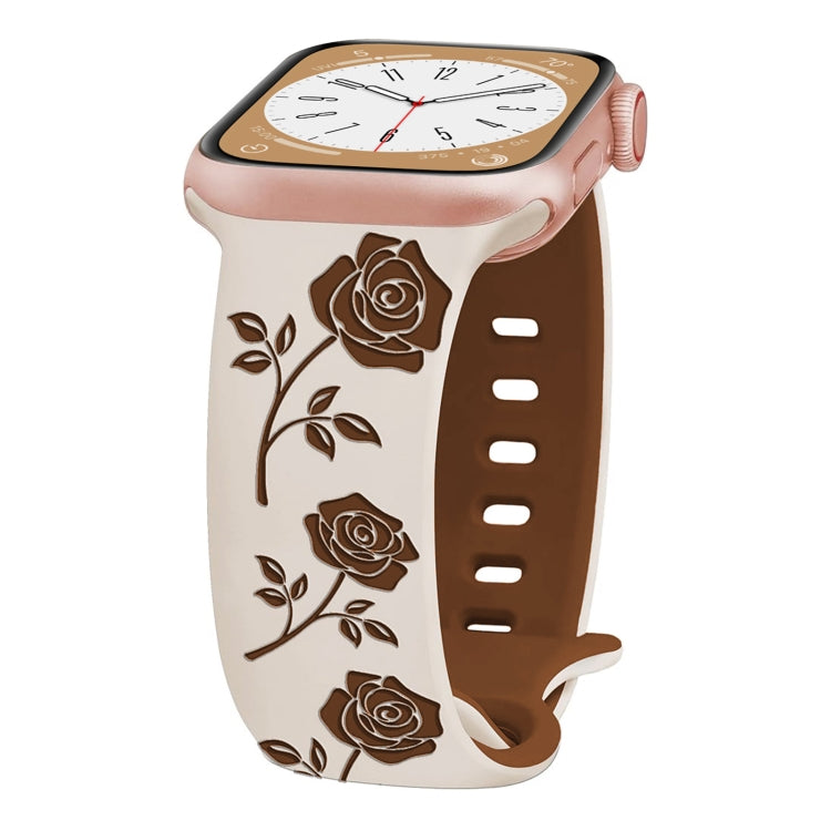 For Apple Watch SE 44mm Two-color Rose Engraved Silicone Watch Band(Starlight Caramel) - free shipping - PMc TechLife - Order now!