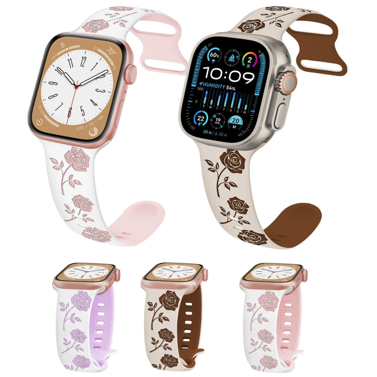 For Apple Watch SE 44mm Two-color Rose Engraved Silicone Watch Band(White Pink) - free shipping - PMc TechLife - Order now!