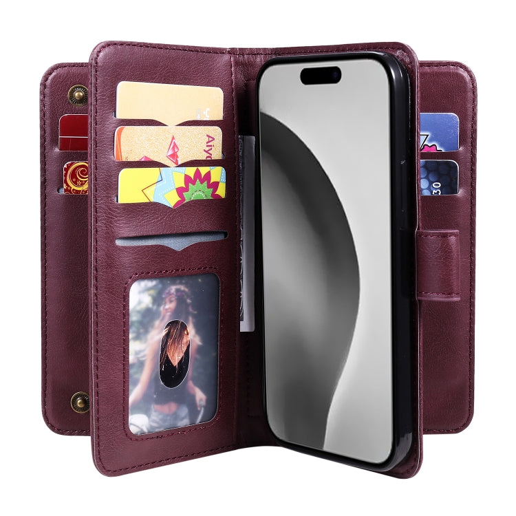 For iPhone 16 Pro Max Multi-Function Wallet 10 Card Slots Leather Phone Case(Claret) - iPhone 16 Pro Max Cases by PMC Jewellery | Online Shopping South Africa | PMC Jewellery | Buy Now Pay Later Mobicred