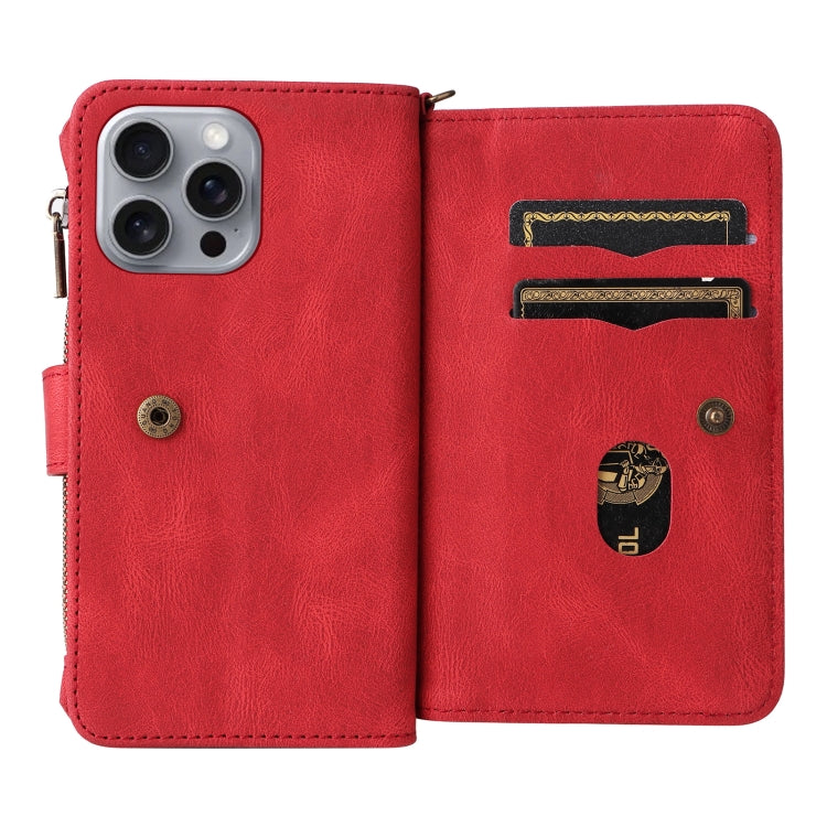 For iPhone 16 Pro Max Skin Feel Multi Card Slots Zipper Wallet Leather Phone Case(Red) - iPhone 16 Pro Max Cases by PMC TechLife | Online Shopping South Africa | PMC TechLife | Buy Now Pay Later Mobicred