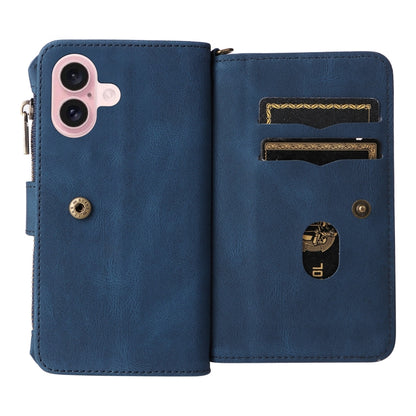 For iPhone 16 Skin Feel Multi Card Slots Zipper Wallet Leather Phone Case(Blue) - iPhone 16 Cases by PMC Jewellery | Online Shopping South Africa | PMC Jewellery | Buy Now Pay Later Mobicred