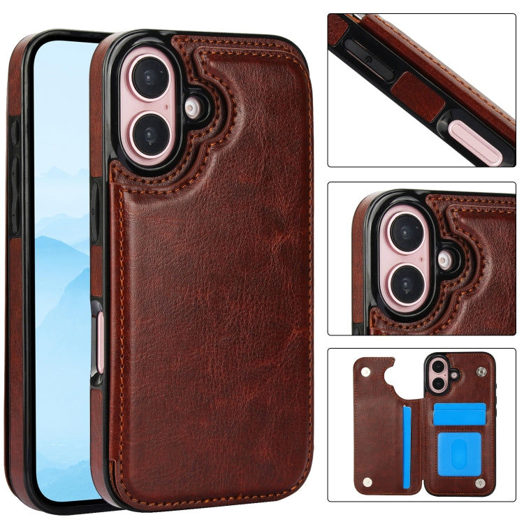 For iPhone 16 Plus Double Buckle Crazy Horse Texture PU Phone Case(Brown) - iPhone 16 Plus Cases by PMC Jewellery | Online Shopping South Africa | PMC Jewellery | Buy Now Pay Later Mobicred