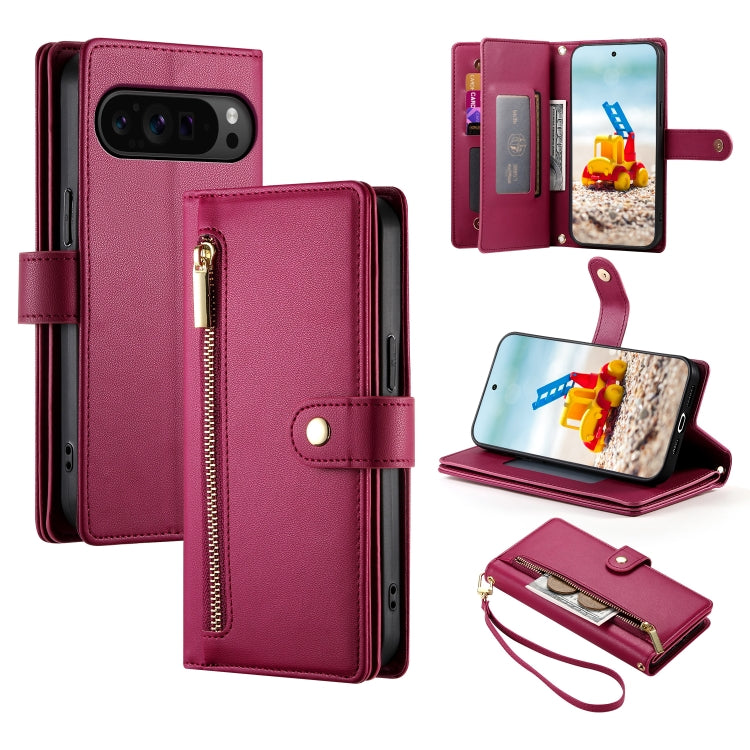 For Google Pixel 9 Pro XL Nine Card-slot Zipper Wallet Bag Leather Phone Case(Red) - Google Cases by PMC TechLife | Online Shopping South Africa | PMC TechLife | Buy Now Pay Later Mobicred