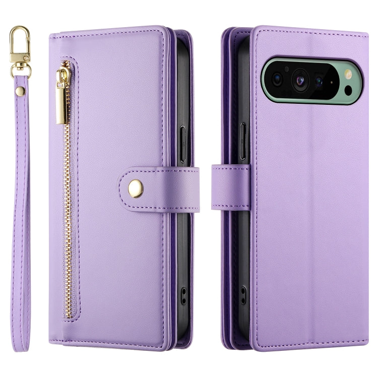 For Google Pixel 9 / 9 Pro Nine Card-slot Zipper Wallet Bag Leather Phone Case(Purple) - Google Cases by PMC Jewellery | Online Shopping South Africa | PMC Jewellery | Buy Now Pay Later Mobicred