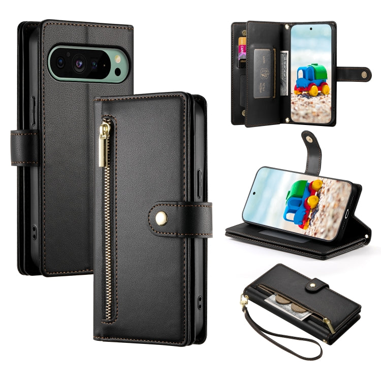 For Google Pixel 9 / 9 Pro Nine Card-slot Zipper Wallet Bag Leather Phone Case(Black) - Google Cases by PMC Jewellery | Online Shopping South Africa | PMC Jewellery | Buy Now Pay Later Mobicred