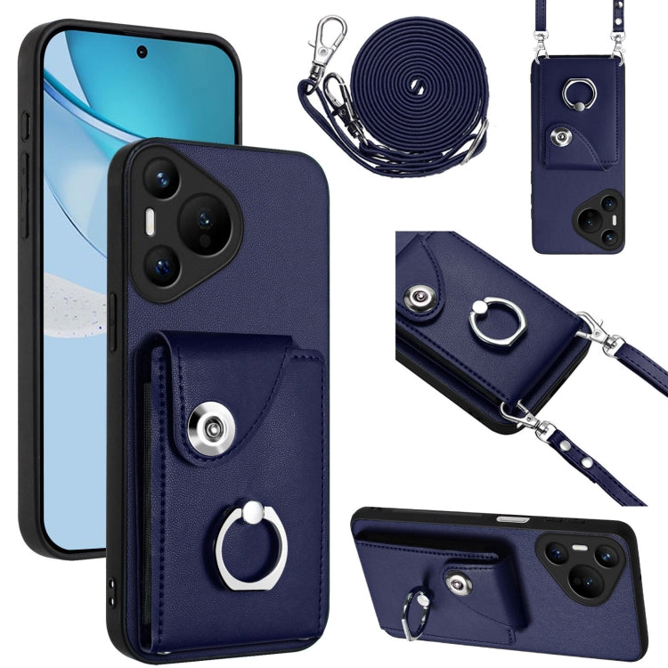 For Huawei Pura 70 Organ Card Bag Ring Holder Phone Case with Long Lanyard(Blue) - Huawei Cases by PMC Jewellery | Online Shopping South Africa | PMC Jewellery | Buy Now Pay Later Mobicred