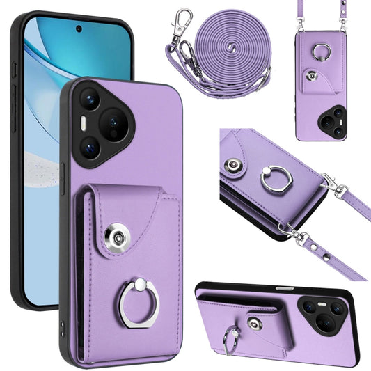 For Huawei Pura 70 Organ Card Bag Ring Holder Phone Case with Long Lanyard(Purple) - Huawei Cases by PMC Jewellery | Online Shopping South Africa | PMC Jewellery | Buy Now Pay Later Mobicred