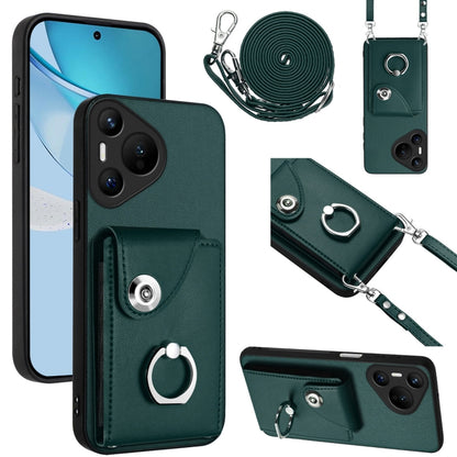 For Huawei Pura 70 Organ Card Bag Ring Holder Phone Case with Long Lanyard(Green) - Huawei Cases by PMC Jewellery | Online Shopping South Africa | PMC Jewellery | Buy Now Pay Later Mobicred