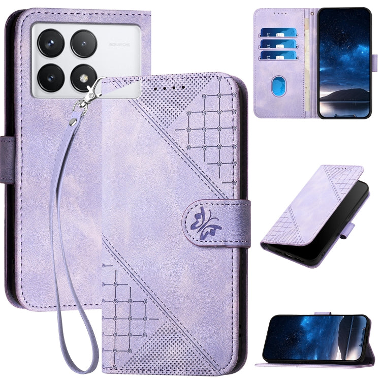 For Redmi K70 YX0080 Grid Butterfly Embossed Pattern Flip Leather Phone Case with Lanyard(Light Purple) - K70 Cases by PMC Jewellery | Online Shopping South Africa | PMC Jewellery | Buy Now Pay Later Mobicred