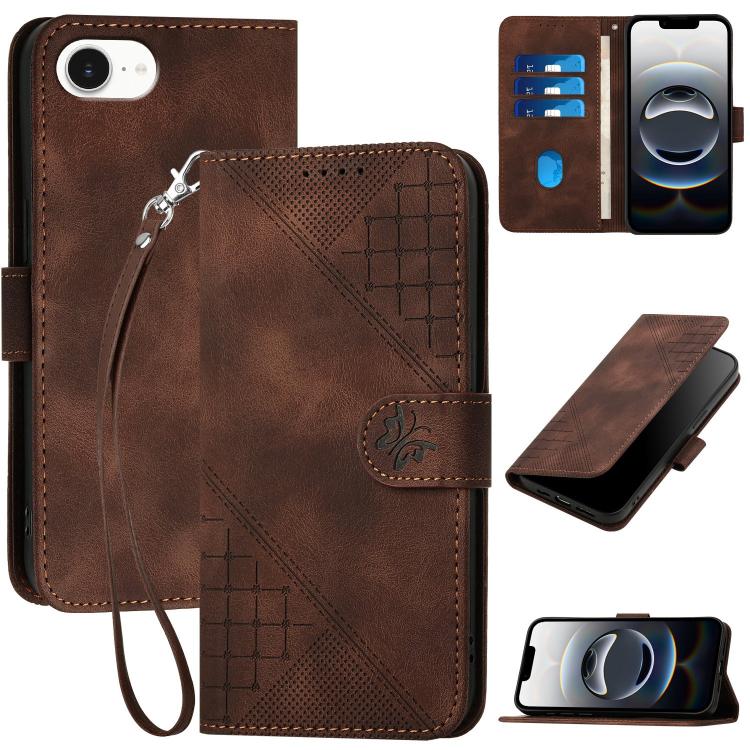 For iPhone 16e YX0080 Grid Butterfly Embossed Pattern Flip Leather Phone Case with Lanyard(Coffee) - iPhone 16e Cases by PMC TechLife | Online Shopping South Africa | PMC TechLife | Buy Now Pay Later Mobicred