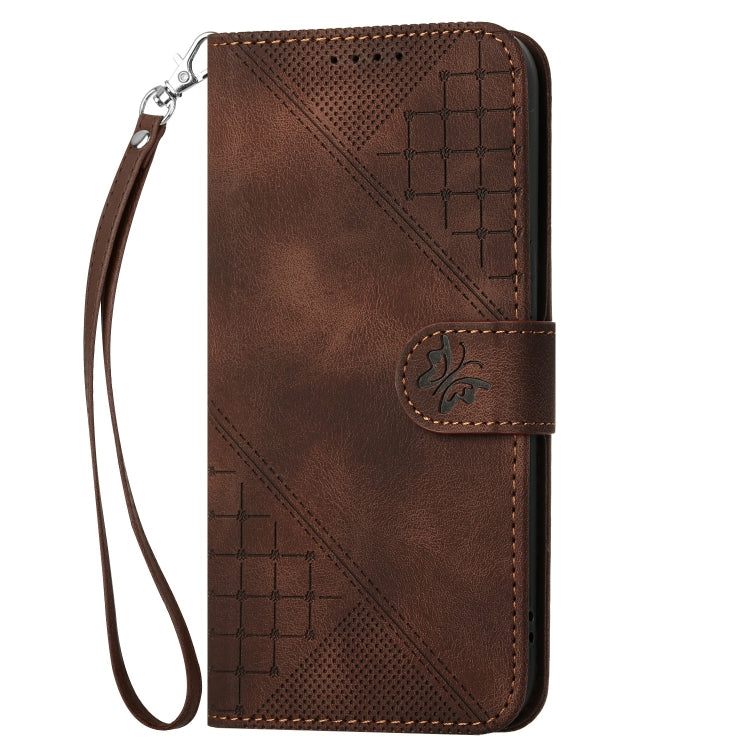 For iPhone 16e YX0080 Grid Butterfly Embossed Pattern Flip Leather Phone Case with Lanyard(Coffee) - iPhone 16e Cases by PMC TechLife | Online Shopping South Africa | PMC TechLife | Buy Now Pay Later Mobicred