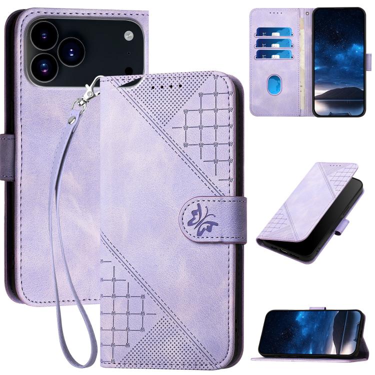 For iPhone 17 Pro YX0080 Grid Butterfly Embossed Pattern Flip Leather Phone Case with Lanyard(Light Purple) - free shipping - PMc TechLife - Order now!