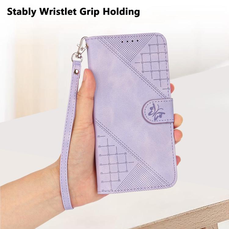 For iPhone 17 Pro YX0080 Grid Butterfly Embossed Pattern Flip Leather Phone Case with Lanyard(Light Purple) - free shipping - PMc TechLife - Order now!