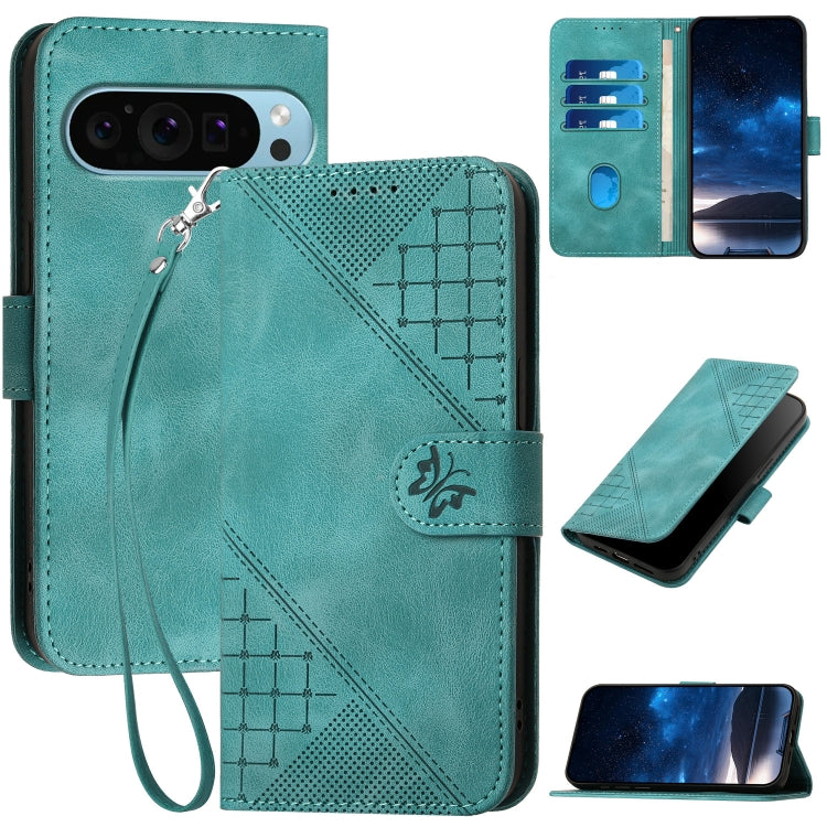 For Google Pixel 9 Pro XL YX0080 Grid Butterfly Embossed Pattern Flip Leather Phone Case with Lanyard(Light Blue) - Google Cases by PMC Jewellery | Online Shopping South Africa | PMC Jewellery | Buy Now Pay Later Mobicred