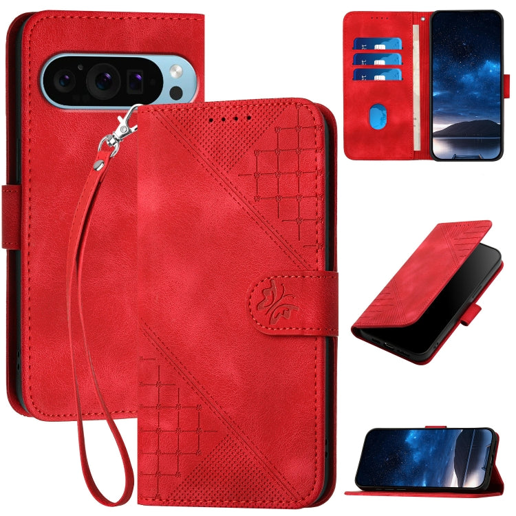 For Google Pixel 9 / 9 Pro YX0080 Grid Butterfly Embossed Pattern Flip Leather Phone Case with Lanyard(Red) - Google Cases by PMC TechLife | Online Shopping South Africa | PMC TechLife | Buy Now Pay Later Mobicred