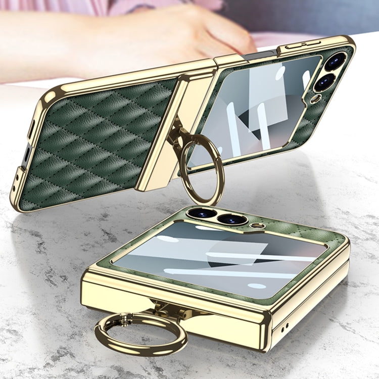 For Samsung Galaxy Z Flip6 GKK Rhombus Pattern Integrated Electroplated Leather Phone Case with Ring(Dark Green) - Galaxy Z Flip6 5G Cases by GKK | Online Shopping South Africa | PMC Jewellery | Buy Now Pay Later Mobicred