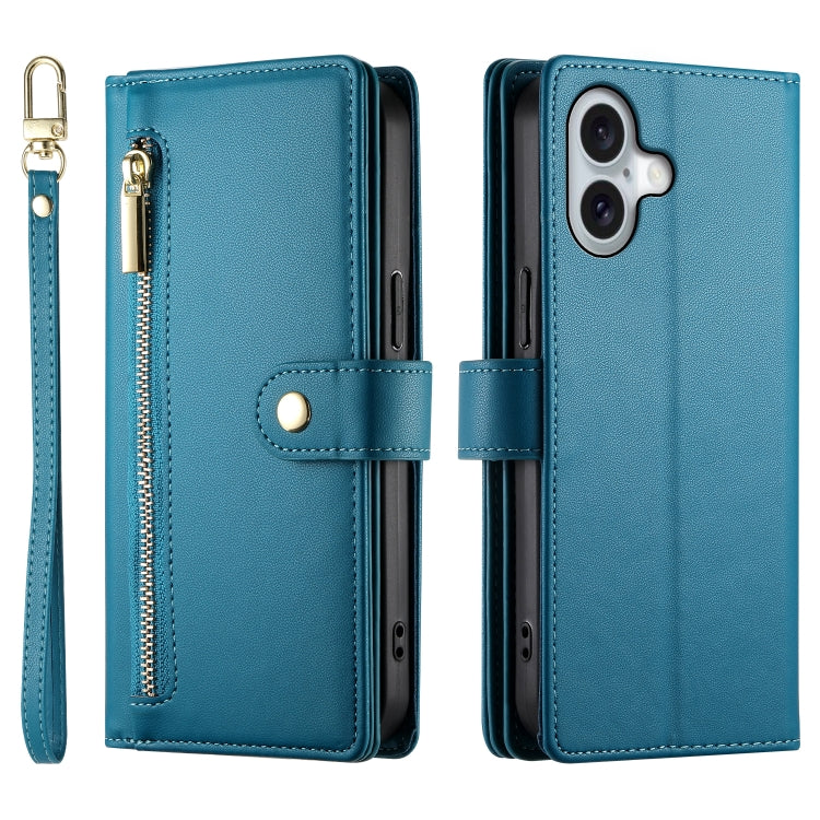 For iPhone 16 Plus Nine Card-slot Zipper Wallet Bag Leather Phone Case(Blue) - iPhone 16 Plus Cases by PMC TechLife | Online Shopping South Africa | PMC TechLife | Buy Now Pay Later Mobicred