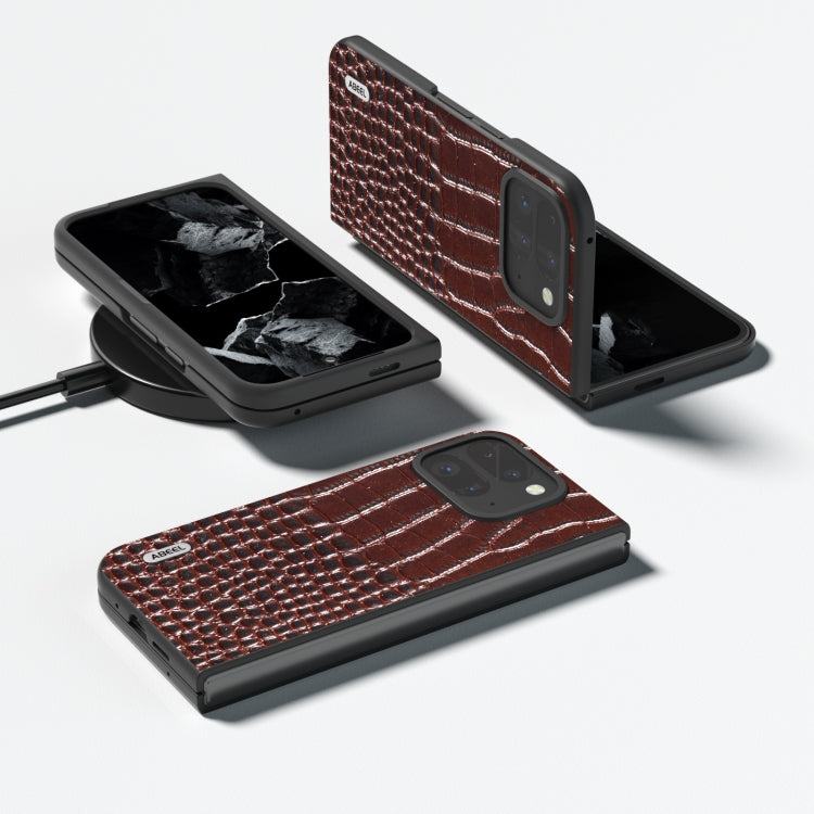 For Google Pixel 9 Pro Fold ABEEL Genuine Leather Crocodile Pattern Black Edge Phone Case(Coffee) - Google Cases by PMC TechLife | Online Shopping South Africa | PMC TechLife | Buy Now Pay Later Mobicred