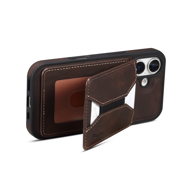 For iPhone 16 Denior D18 Skin Feel Rotating Holder MagSafe Detachable Card Slot Phone Case(Brown) - iPhone 16 Cases by Denior | Online Shopping South Africa | PMC Jewellery | Buy Now Pay Later Mobicred