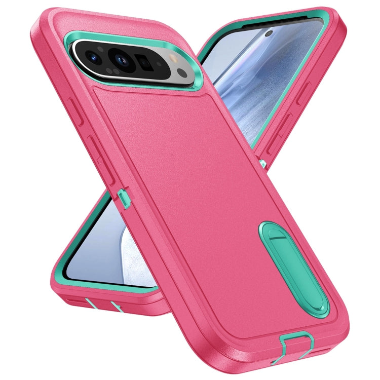 For Google Pixel 9 Pro Rugged PC + Silicone Phone Case with Holder(Rose Red+Light Green) - Google Cases by PMC TechLife | Online Shopping South Africa | PMC TechLife | Buy Now Pay Later Mobicred