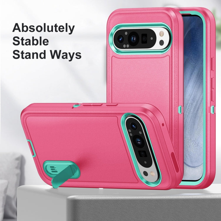 For Google Pixel 9 Pro Rugged PC + Silicone Phone Case with Holder(Rose Red+Light Green) - Google Cases by PMC TechLife | Online Shopping South Africa | PMC TechLife | Buy Now Pay Later Mobicred