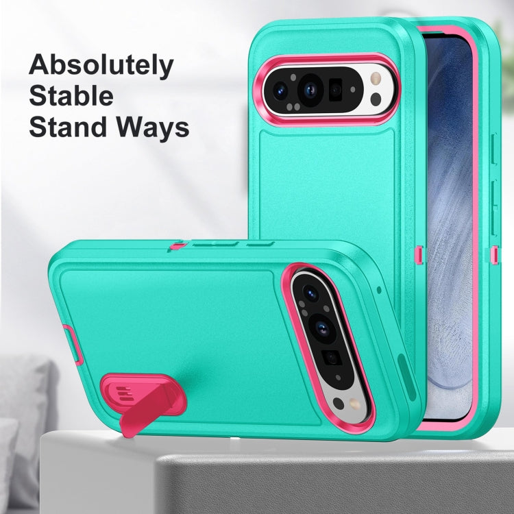 For Google Pixel 9 Rugged PC + Silicone Phone Case with Holder(Light Green+Rose Red) - Google Cases by PMC TechLife | Online Shopping South Africa | PMC TechLife | Buy Now Pay Later Mobicred