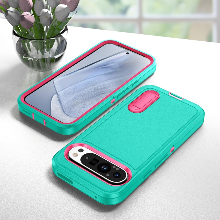 For Google Pixel 9 Rugged PC + Silicone Phone Case with Holder(Light Green+Rose Red) - Google Cases by PMC TechLife | Online Shopping South Africa | PMC TechLife | Buy Now Pay Later Mobicred