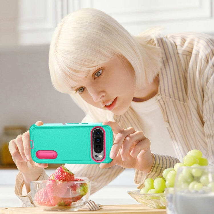 For Google Pixel 9 Rugged PC + Silicone Phone Case with Holder(Light Green+Rose Red) - Google Cases by PMC TechLife | Online Shopping South Africa | PMC TechLife | Buy Now Pay Later Mobicred
