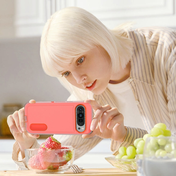 For Google Pixel 9 Rugged PC + Silicone Phone Case with Holder(Transparent+Orange) - Google Cases by PMC TechLife | Online Shopping South Africa | PMC TechLife | Buy Now Pay Later Mobicred