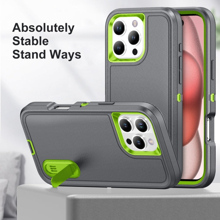 For iPhone 16 Pro Rugged PC + Silicone Phone Case with Holder(Grey+Fresh Green) - iPhone 16 Pro Cases by PMC Jewellery | Online Shopping South Africa | PMC Jewellery | Buy Now Pay Later Mobicred