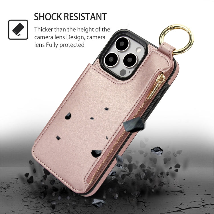 For iPhone 16 Pro RFlD Anti-theft Double Buckle Ring Zipper Card Phone Case(Rose Gold) - free shipping - PMC Jewellery - Order now!