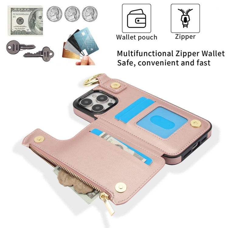 For iPhone 16 Pro RFlD Anti-theft Double Buckle Ring Zipper Card Phone Case(Rose Gold) - free shipping - PMC Jewellery - Order now!