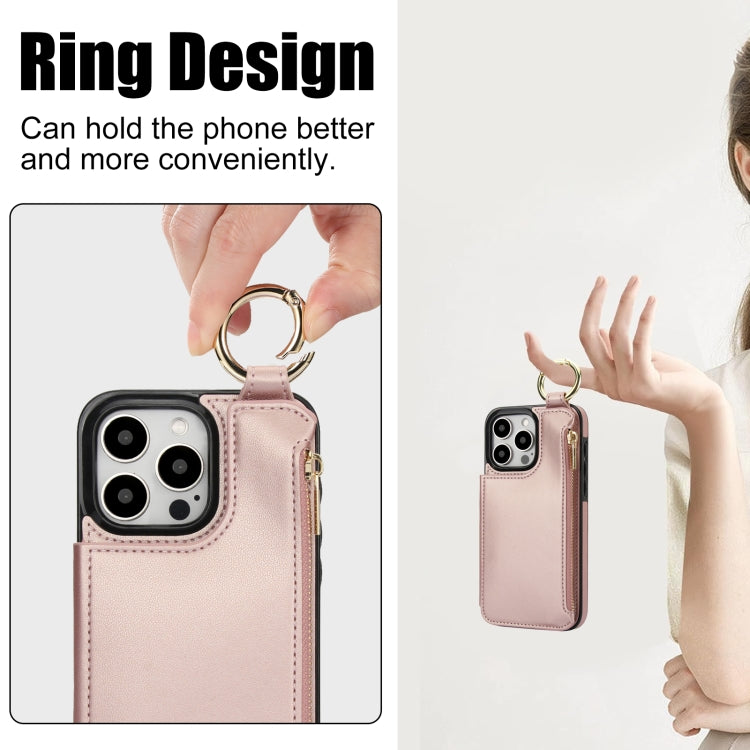 For iPhone 16 Pro RFlD Anti-theft Double Buckle Ring Zipper Card Phone Case(Rose Gold) - free shipping - PMC Jewellery - Order now!