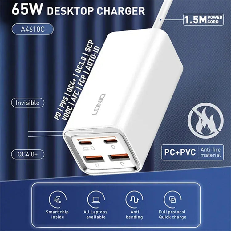 LDNIO A4610C PD65W Dual USB-C / Type-C + Dual USB Fast Charger, Cable Length: 1.5m, Plug Type:US Plug(White) - free shipping - PMC TechLife - Order now!
