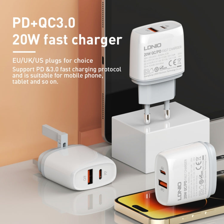 LDNIO Q229 QC3.0 / PD20W USB + Type-C Fast Charger with 1m USB to Type-C Cable, Plug Type:US Plug(White) - USB Charger by LDNIO | Online Shopping South Africa | PMC TechLife | Buy Now Pay Later Mobicred