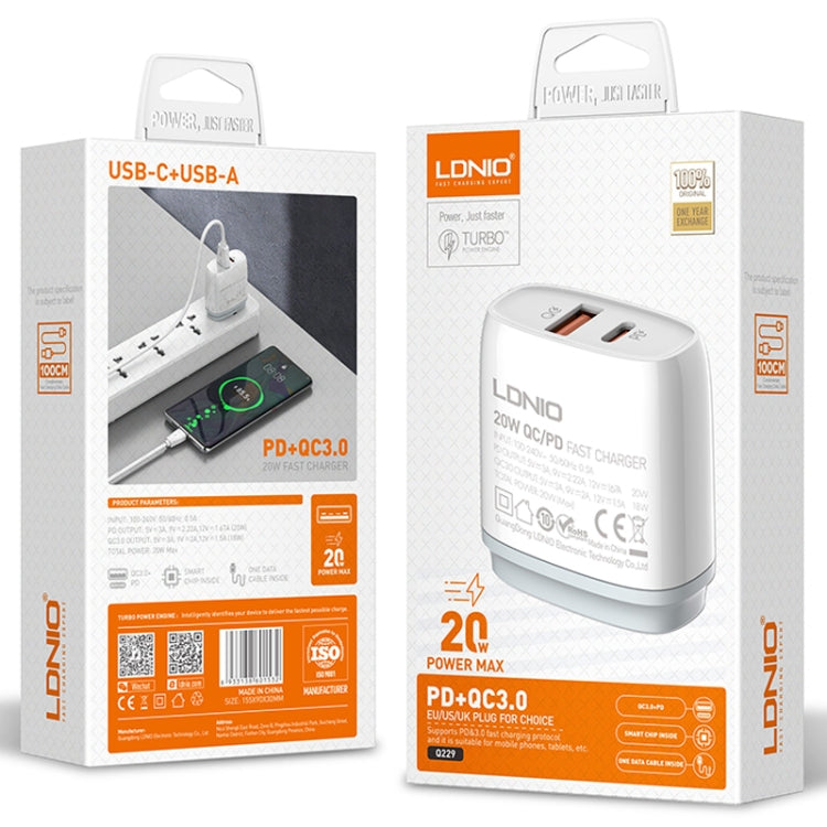 LDNIO Q229 QC3.0 / PD20W USB + Type-C Fast Charger with 1m USB to Type-C Cable, Plug Type:US Plug(White) - USB Charger by LDNIO | Online Shopping South Africa | PMC TechLife | Buy Now Pay Later Mobicred