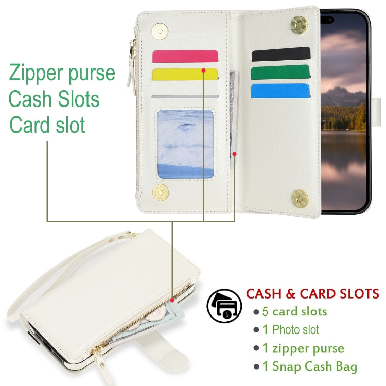 For iPhone 16 Plus Wristband Holder Zipper Purse RFID Leather Phone Case(White) - iPhone 16 Plus Cases by PMC TechLife | Online Shopping South Africa | PMC TechLife | Buy Now Pay Later Mobicred
