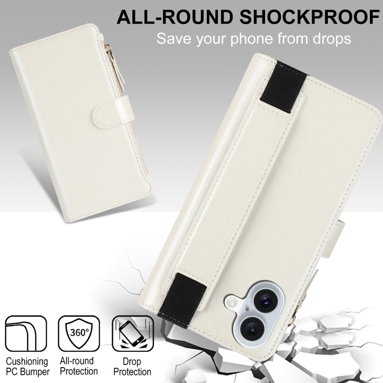 For iPhone 16 Plus Wristband Holder Zipper Purse RFID Leather Phone Case(White) - iPhone 16 Plus Cases by PMC TechLife | Online Shopping South Africa | PMC TechLife | Buy Now Pay Later Mobicred